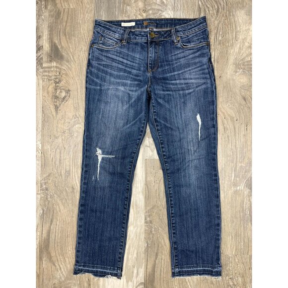 KUT from the Kloth Reese Ankle Straight Leg Jeans 8 Distressed Raw Hem Dark Wash - Picture 1 of 8